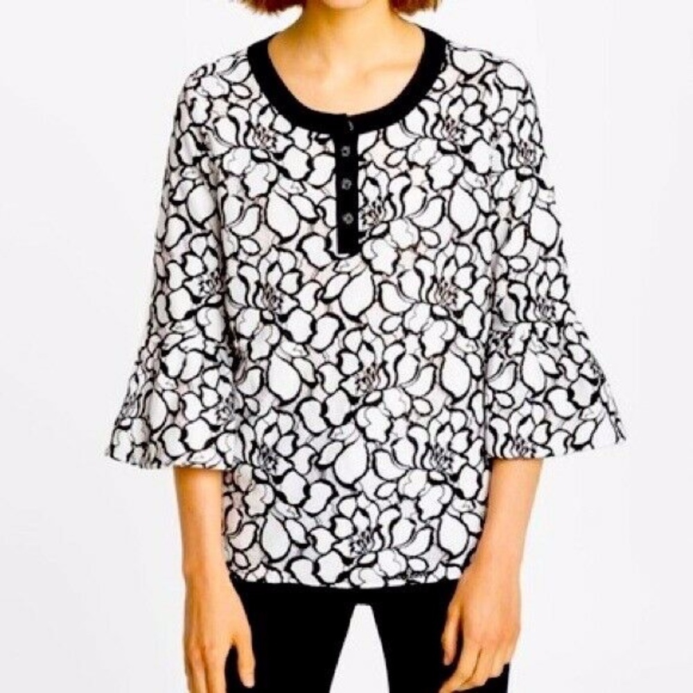 Karl Lagerfeld | Floral Lace Bell Sleeves Top Womens Small White 3/4 Sleeves